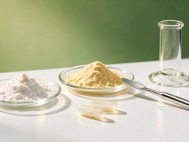 Matérias-primas em pó e vidraria de laboratório para suplementos manipulados